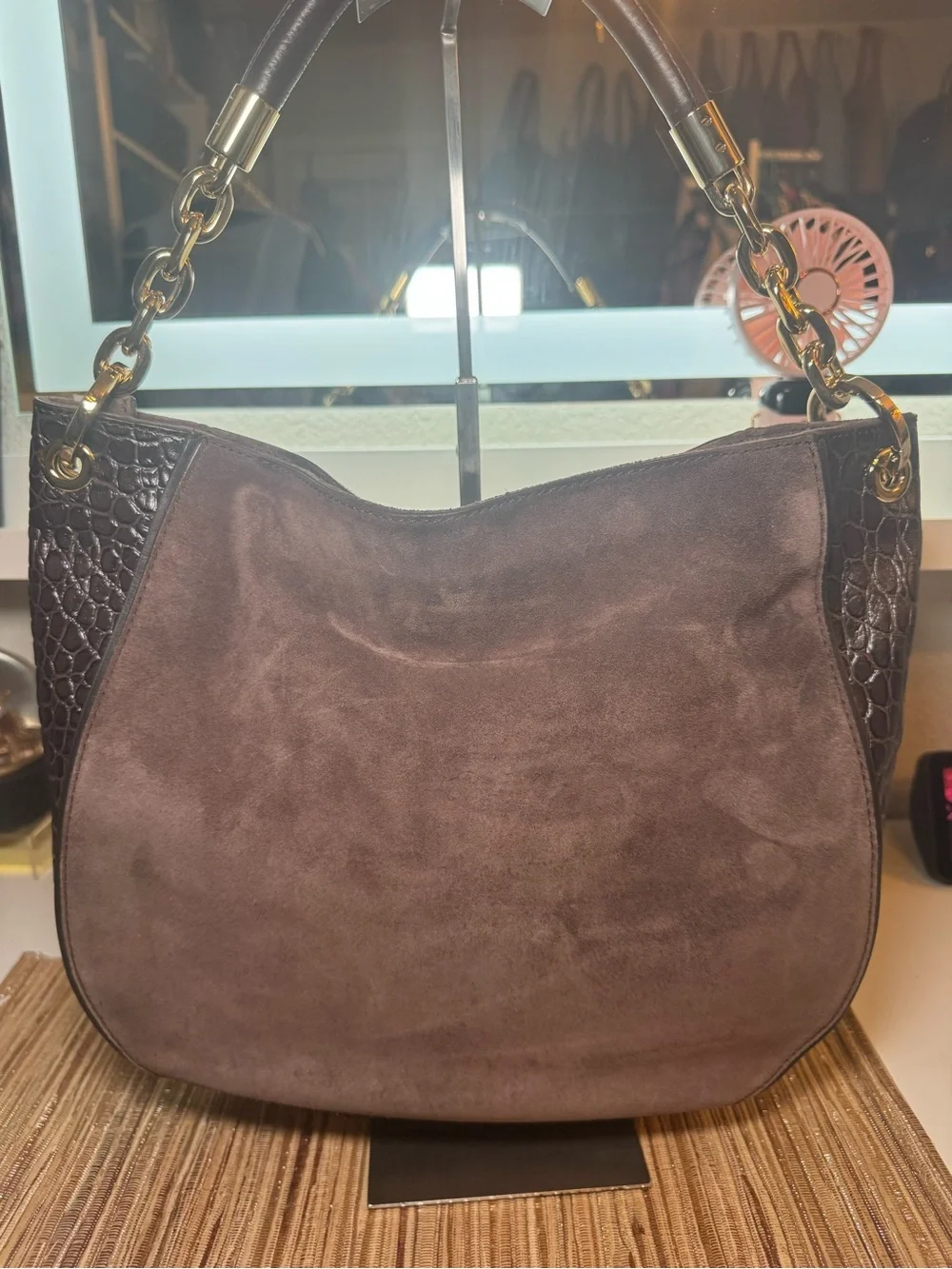 Michael Kors Taupe Suede Hobo with Gold MK Charm